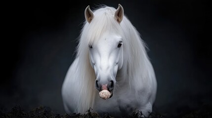 Majestic white horse portrait in dark backdrop.  Close-up view of a beautiful white horse with flowing mane and tail