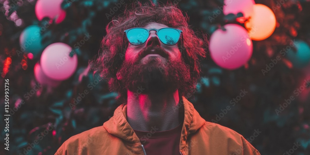 Poster urban retro vibes synthwave-inspired lifestyle portrait with reflective sunglasses and neon color pa
