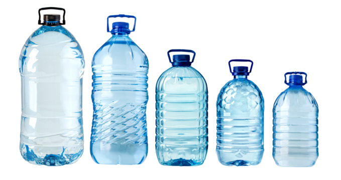 Different plastic water bottles showing variety of sizes and shapes