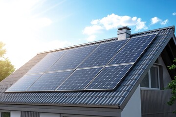 Solar panels installed on a residential roof under a clear sky.  Modern home with eco-friendly energy solution