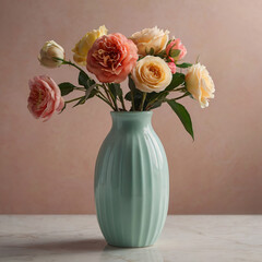 A stylish still-life composition featuring a geometric hexagonal vase with delicate flowers, set against a soft pastel background. Perfect for modern home decor, minimalistic design, interior inspirat
