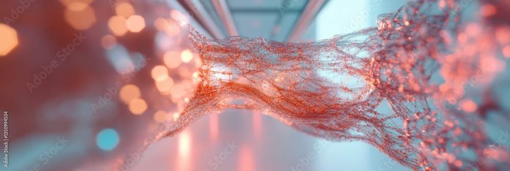 Poster Quantum Neural Visualization Immersive AI Healthcare Data Flow Revealing Algorithmic Wellness Innovation in Translucent Coral and Teal Digital Landscape