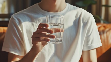 In the sunlight, a person wearing a white T-shirt holds a transparent glass with clear water in it, showing a daily healthy drinking scene