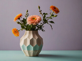 A stylish still-life composition featuring a geometric hexagonal vase with delicate flowers, set against a soft pastel background. Perfect for modern home decor, minimalistic design, interior inspirat