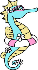 Hand drawn retro  summer sea horse cartoon groovy doodle 