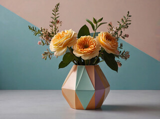 A stylish still-life composition featuring a geometric hexagonal vase with delicate flowers, set against a soft pastel background. Perfect for modern home decor, minimalistic design, interior inspirat