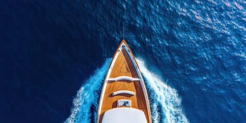 Luxe Digital Nomads Aerial Ocean Escape Sleek Wooden Yacht Cutting Through Deep Blue Waves - Minimalist Adventure and Premium Wanderlust Experience