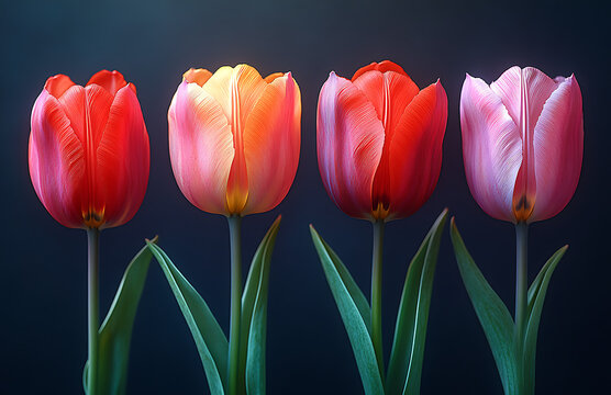 Bright Red and Pink Tulips Against Dark Blue