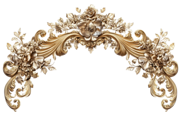 Ornate Gold Floral Arch Design Baroque Style Decor isolated on transparent background