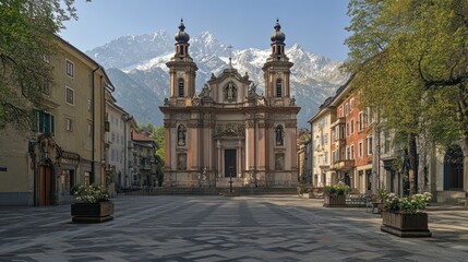 Fototapeta premium Church square, Alps backdrop, morning calm, city travel