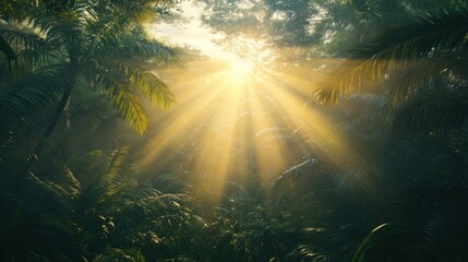 Fototapeta premium Sunbeams Illuminating Lush Tropical Rainforest