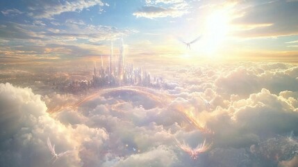 A majestic, futuristic city nestled amongst fluffy clouds, bathed in golden sunlight, with angelic figures soaring through the sky.