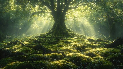 Obraz premium Magical forest with sun rays and moss high resolution picture