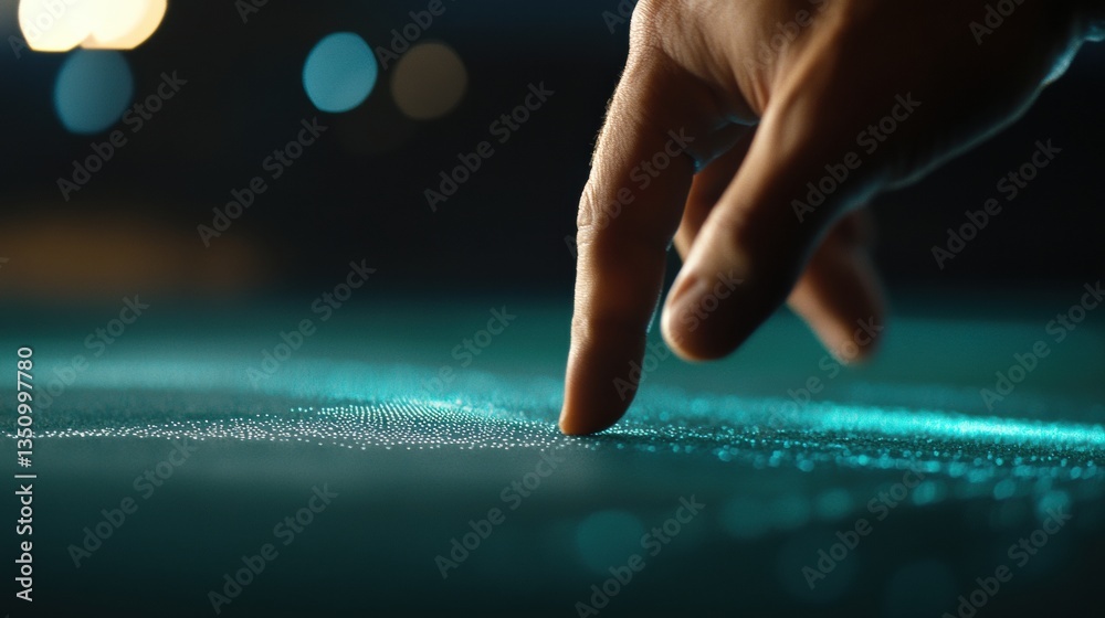 Poster Quantum Data Interaction Immersive Digital Touch Interface Revealing Futuristic Analytics with Cinematic Particle Visualization for Next-Gen Tech Experiences