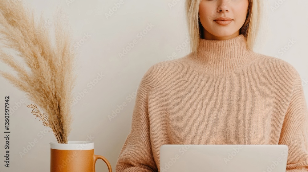 Poster serene minimalist remote work aesthetic warm neutrals, soft texture and contemporary workspace desig
