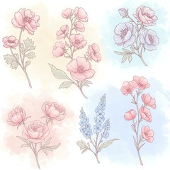 A Close Up Of Four Different Flowers On A White Background