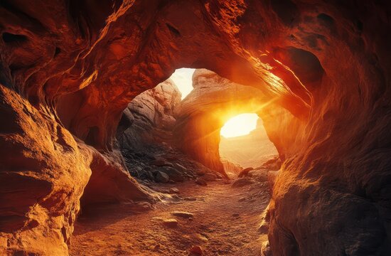 Desert cave sunset, sun rays through arch, adventure, travel