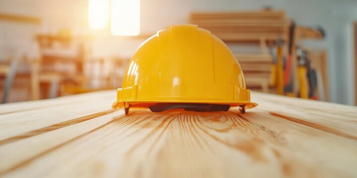 Minimalist Industrial Safety Vibrant Yellow Hardhat on Rustic Woodgrain - Next-Gen Workplace Protection, Sustainable Construction Branding and Modern Professional Preparedness