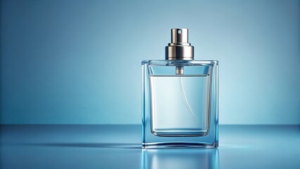 Detailed glass perfume bottle mockup with a blank label on a soft blue background, perfumes, elegance