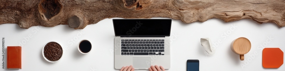 Aufkleber minimalist digital workspace ergonomic remote work essentials with natural wood texture - productivi