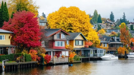 Autumn Waterfront Homes, Colorful Trees, Overcast Sky, Peaceful Canal, Real Estate