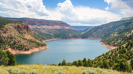 Scenic Canyon Reservoir Summer Landscape, Clouds, Trees