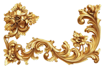 Ornate gold floral design element corner piece baroque style isolated on transparent background