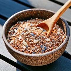 Whole food blends in rustic bowl captured in warm afternoon light kitchen table still life natural aesthetics