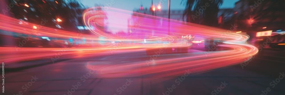 Poster cyberpunk urban motion blur neon-infused dynamic cityscape visualizing digital acceleration, technol