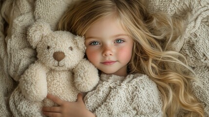 Child cuddling teddy bear, peaceful scene
