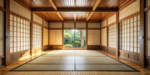 Fototapeta premium Traditional Japanese Tatami Room with Natural Wood Background , wooden floor