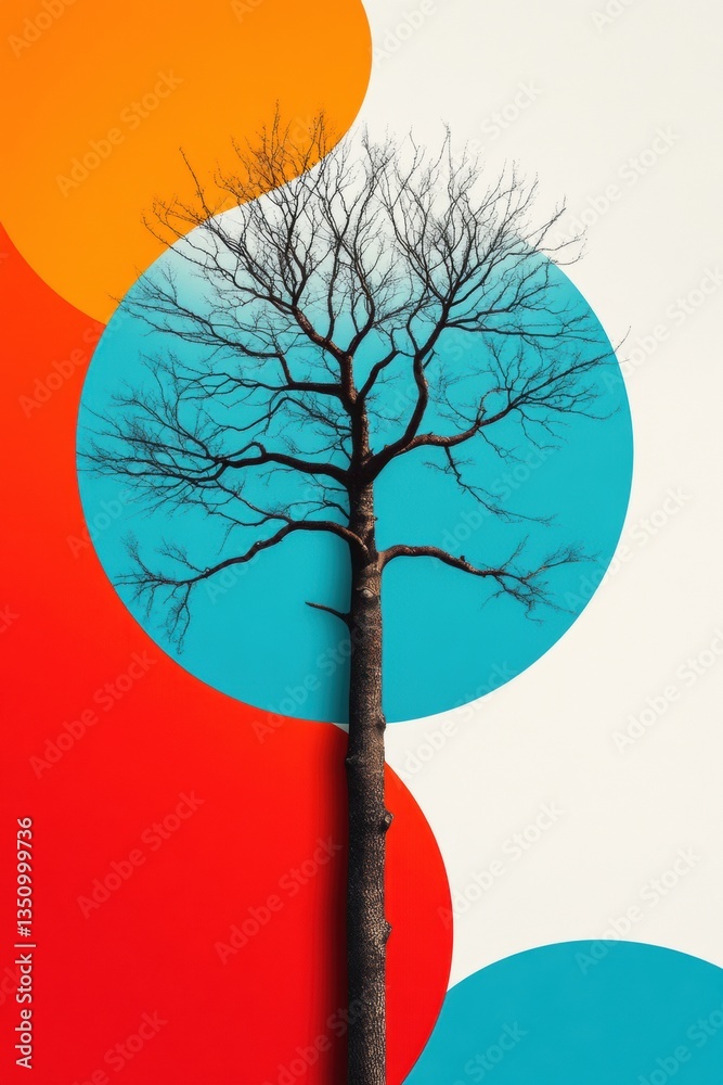 Aufkleber minimalist wellness visualization bold geometric tree silhouette in vibrant pop art palette - mindfu