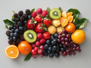 Vibrant exotic fruits display neutral background topdown angle bright lighting realistic showcase