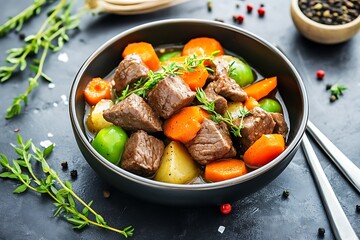 Hearty Beef Stew with Carrots, Potatoes, and Thyme in Dark Bowl