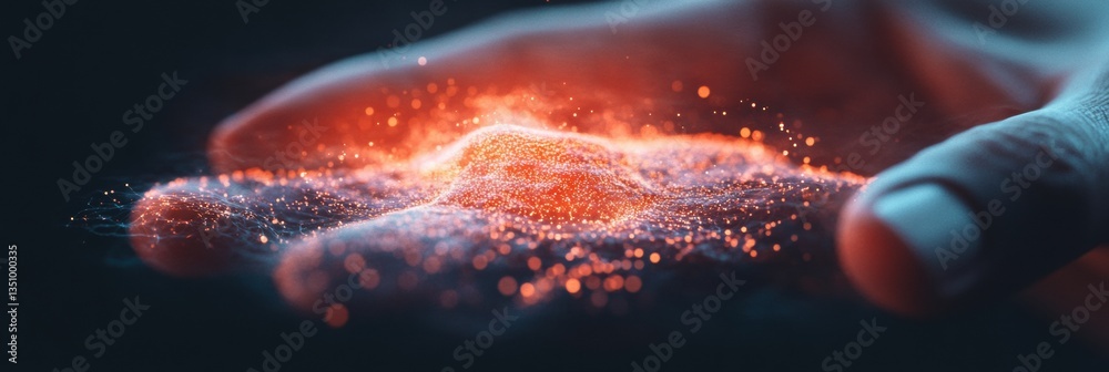 Poster Quantum Connectivity Visualization Ethereal Digital Particles Emerging from Human Touch - Immersive AI Innovation and Futuristic Data Transformation Metaphor