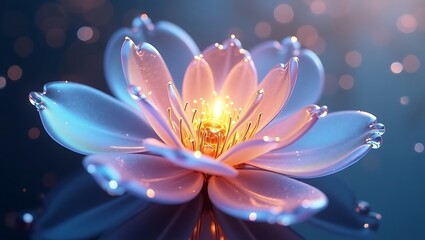 Hyperrealistic close-up of a fully transparent glass lotus flower glowing with warm golden light, surrounded by bokeh reflections in a dreamy atmosphere
