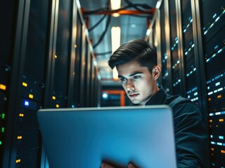 Young Asian man working on laptop in server room at night