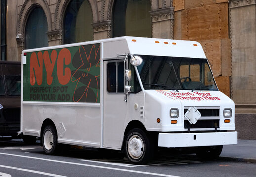 White Delivery Truck Parked on Urban Streets in New York ready for mockup