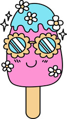 Hand drawn retro  summer ice cream cartoon groovy doodle 