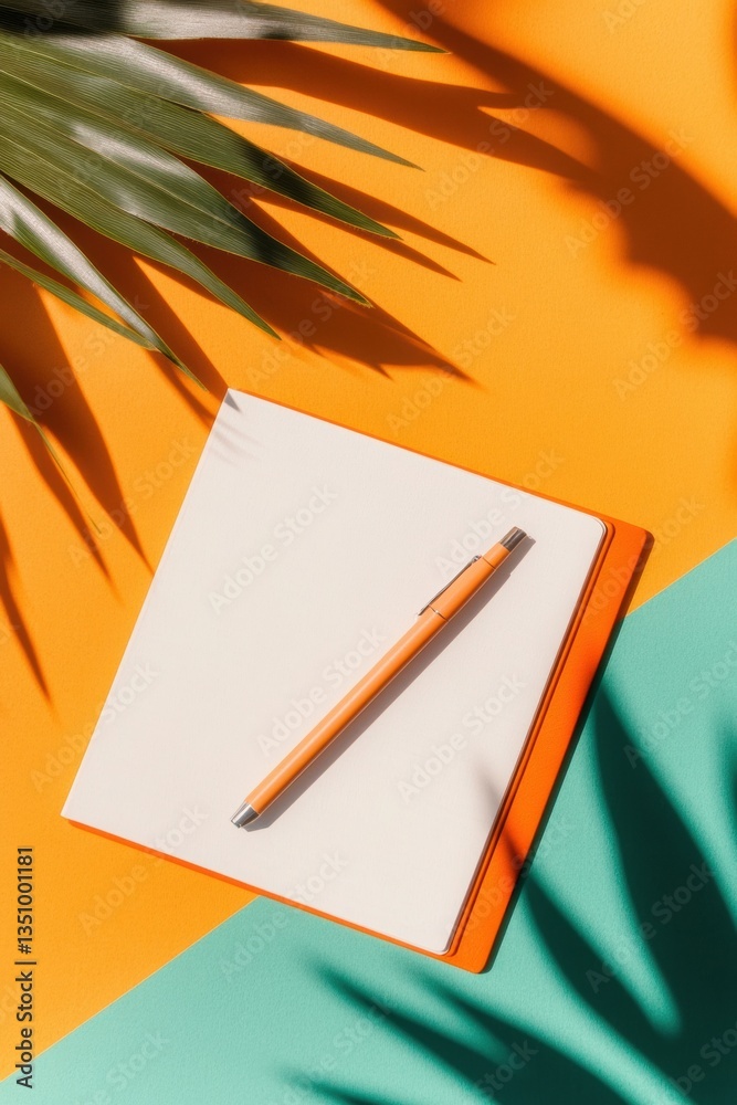 Poster vibrant minimalist workspace tropical palm shadow creative planning notebook with modern productivit