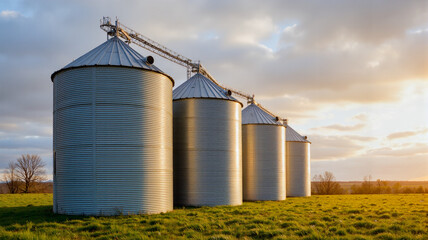 Obraz premium Cylindrical metal silos standing in rural setting under cloudy sky, realism