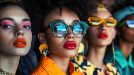Obraz premium Stylish Diverse Women with Bold Makeup and Vibrant Sunglasses Showcasing Fashion Trends and Colorful Expressions in Urban Environment