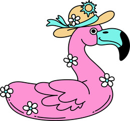 Hand drawn retro  summer flamingo rubber ring cartoon groovy doodle 