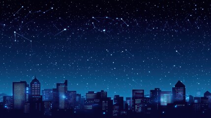 City skyline at night under starry sky, illustration for futuristic cityscape, digital art