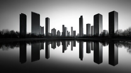 Obraz premium City skyline reflected in calm water, tranquil urban scene, possible use for wallpaper, posters, prints, or stock photography