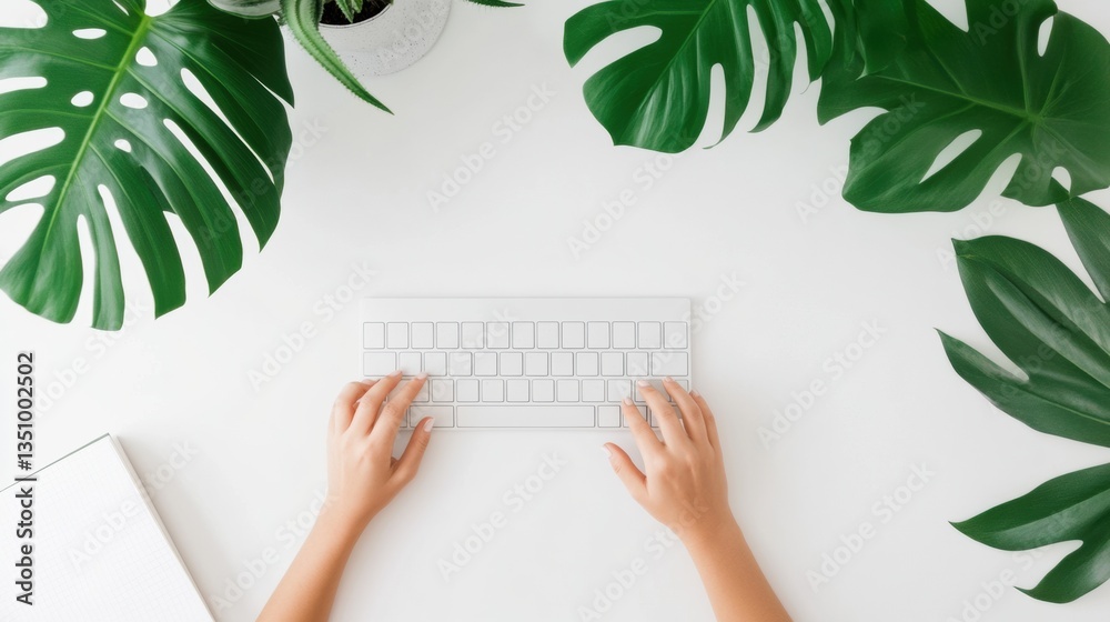 Poster biophilic workspace design minimalist digital productivity with monstera leaves - wellness-driven re