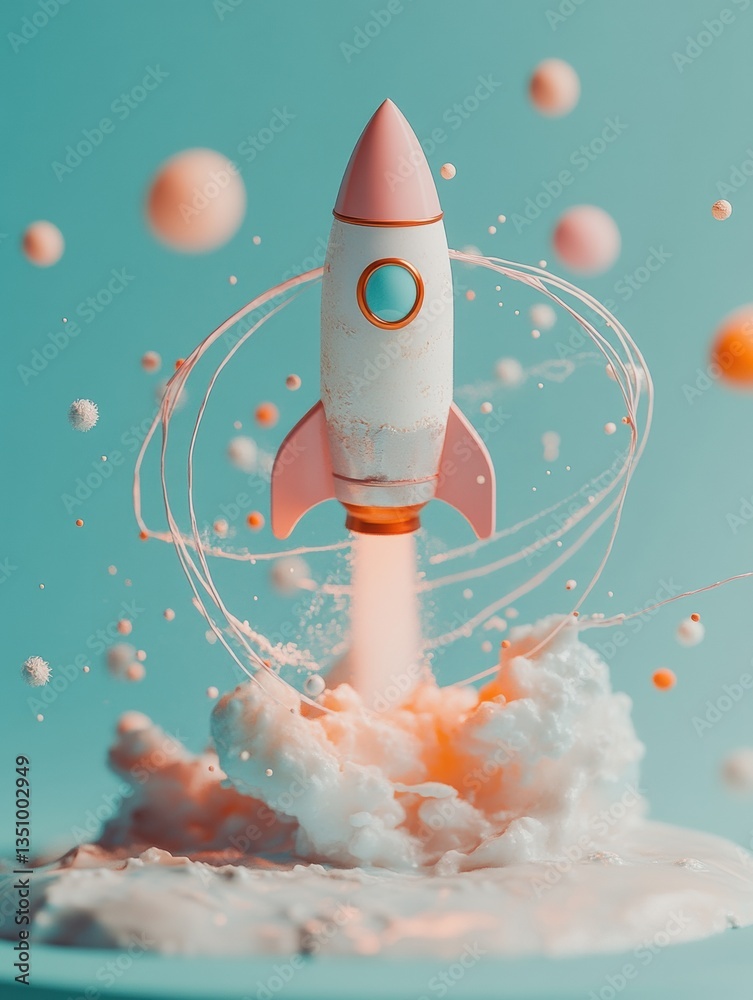 Poster pastel rocket launch minimalist visualization of economic acceleration, innovative startup disruptio