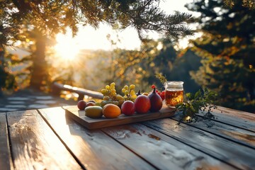 Seasonal fruit showcase at golden hour outdoor vibrant display nature's palette side angle perspective realistic textures