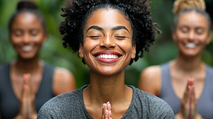 Mindfulness and Meditation Women Smiling in Unity, Embracing Peace and Joy in Serene Outdoor Setting