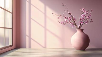 Floral arrangement in a vase illuminates a minimalistic pink room